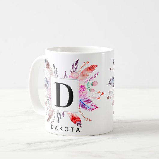 Floral und Blume Boho Monogram und Name Design Kaffeetasse (Vorderseite Links)