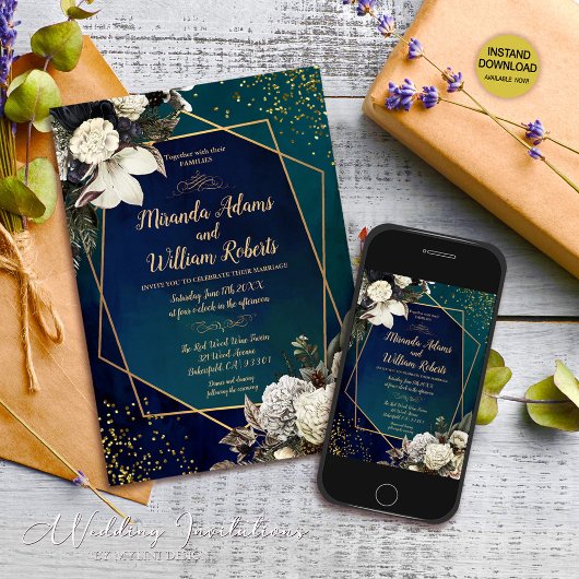 Floral und Gold Emerald Green Wedding Einladung