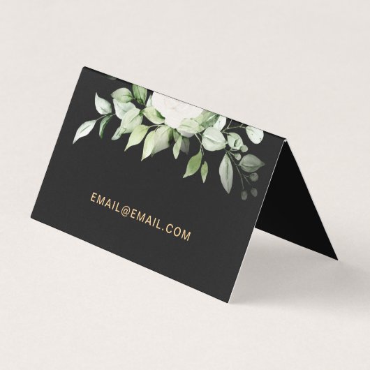 Floral und Greenery Gold Script mit QR Code Black Visitenkarten (Rückseite)