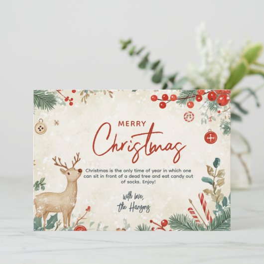 Floral und Reindeer Beige Frohe Weihnachten Custom (Stehend Vorderseite)