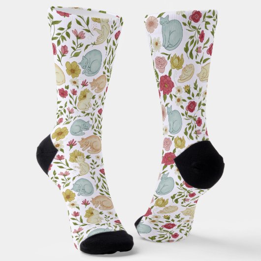 Floral und schlampig Katzenmuster-Socken Socken (Gewinkelt)