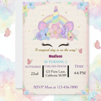 Floral Unicorn Birthday Party Invitation Einladung