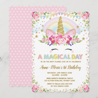 Floral Unicorn Birthday Pink Gold Party Einladung