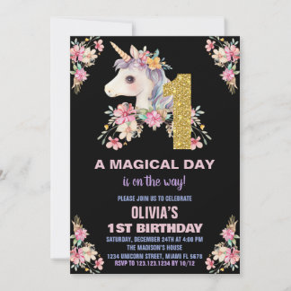 Floral Unicorn Geburtstag Einladungen Glitzer