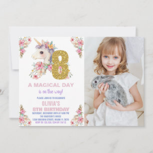Floral Unicorn Geburtstag Einladungen Glitzer Foto