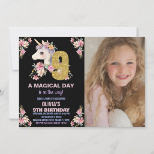 Floral Unicorn Geburtstag Einladungen Glitzer Foto