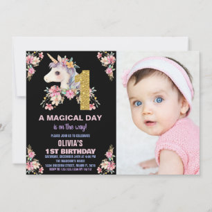 Floral Unicorn Geburtstag Einladungen Glitzer Foto