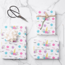 Floral Unicorn Gesicht Geburtstag Personalisiert Geschenkpapier Set