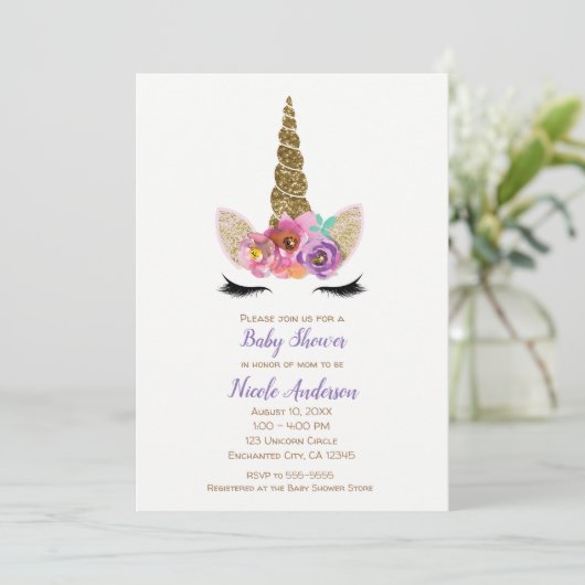 Floral Unicorn Horn Gold Confetti Babydusche Einladung (Stehend Vorderseite)