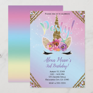 Floral Unicorn Horn Rainbow Sparkle Geburtstagspar Einladung