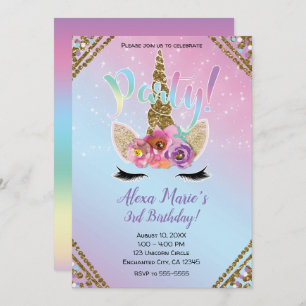 Floral Unicorn Horn Rainbow Sparkle Geburtstagspar Einladung
