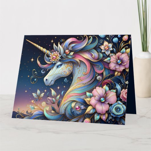 Floral Unicorn Night Fantasy Karte (Vorderseite)