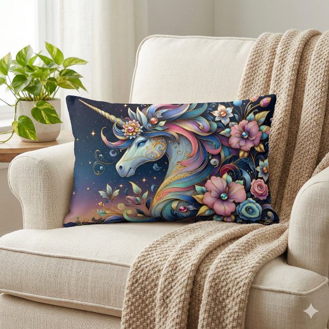 Floral Unicorn Night Fantasy Lendenkissen (Floral Unicorn Night Fantasy Lumbar Pillow Mockup A)