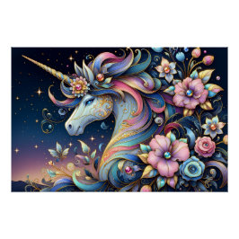 Floral Unicorn Night Fantasy Poster