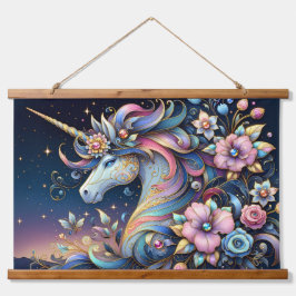 Floral Unicorn Night Fantasy Wandteppich Mit Holzrahmen