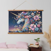 Floral Unicorn Night Fantasy Wandteppich Mit Holzrahmen (Schlafzimmer)