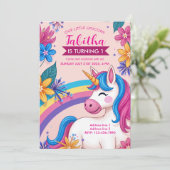 Floral Unicorn Party Invites - Editierbarer Regenb Einladung (Stehend Vorderseite)