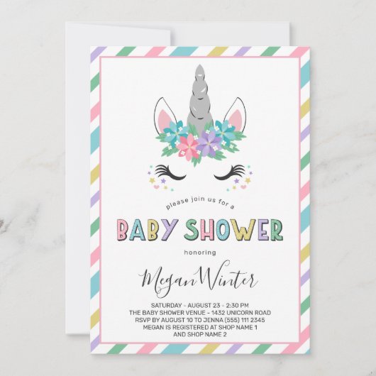 Floral Unicorn Pastel Baby Dusche Einladung (Vorderseite)