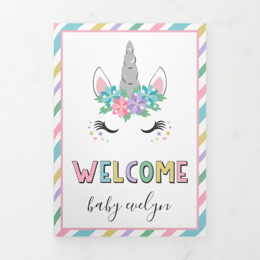 Floral Unicorn Welcome Baby Dreifach Gefaltete Ankündigung (Cover)