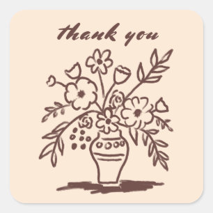 Floral Vase Rustic Whimsical Sketch Vielen Dank Quadratischer Aufkleber