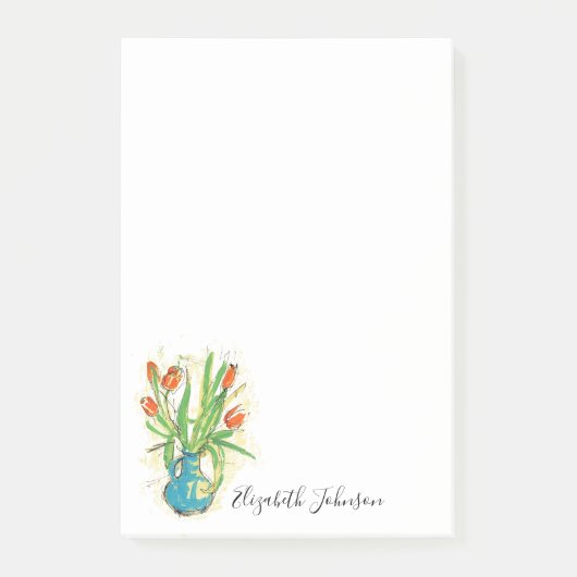Floral Vase Tulips Script Monogram 4x6 Post-it Klebezettel (Vorderseite)