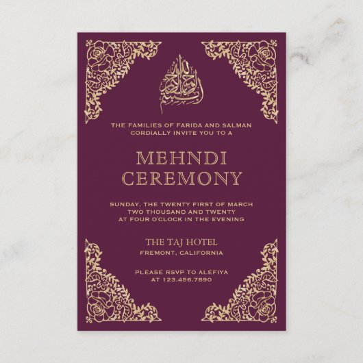 Floral Verziert Plum und Gold Islamischer Mehndi Begleitkarte (Vorderseite)