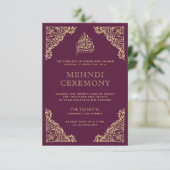 Floral Verziert Plum und Gold Islamischer Mehndi Begleitkarte (Stehend Vorderseite)