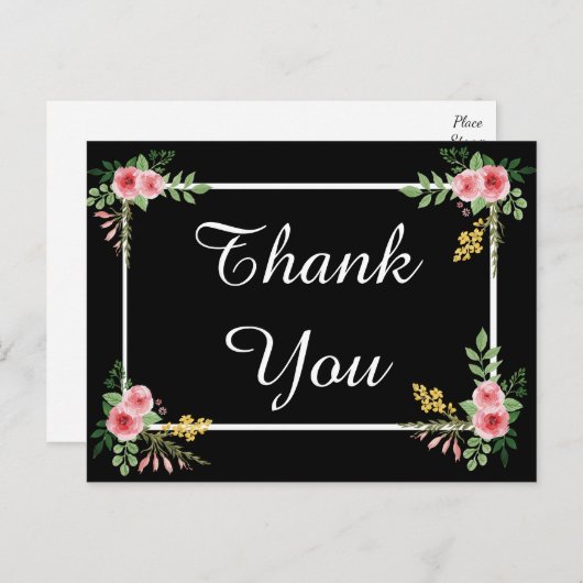 Floral Vielen Dank Ihnen Schwarz-Rosa-Blume Postkarte (Vorne/Hinten)