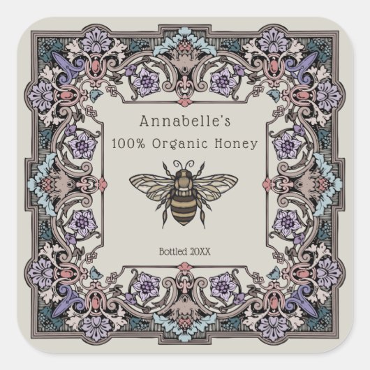 Floral Viktorianisches Honiglabel personalisieren Quadratischer Aufkleber (Vorderseite)