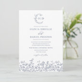 Floral Vintag Dusty Blue Monogram Wedding Einladung (Stehend Vorderseite)
