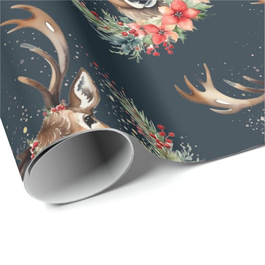 Floral Vintage Christmas Reindeer Geschenkpapier (Rolleneckpunkt)