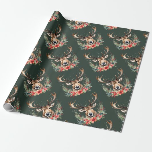 Floral Vintage Christmas Reindeer Geschenkpapier (Ungerollt)