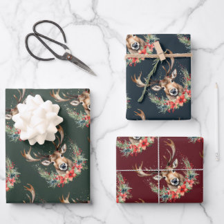 Floral Vintage Christmas Reindeer Geschenkpapier Set
