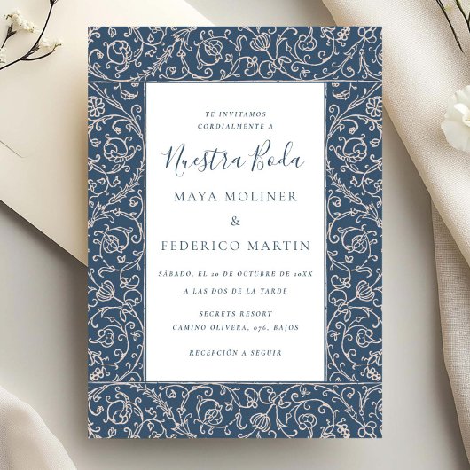Floral Vintage Dark Blue Nuestra Boda Wedding Einladung