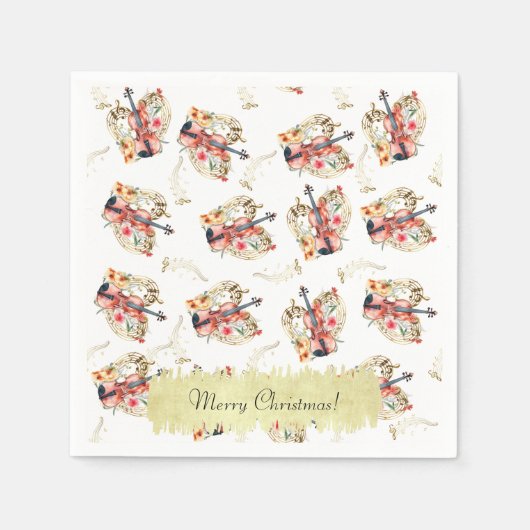Floral Violins Gold Musiknoten Weihnachtsfeiertag Serviette (Vorderseite)