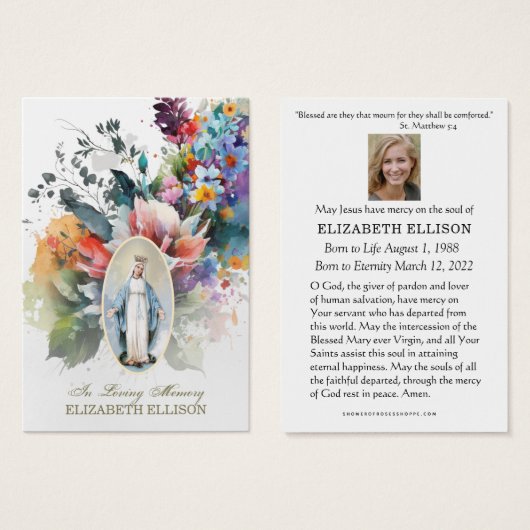 Floral Virgin Mary Fatima Funeral Prayer Card (Vorne & Hinten)