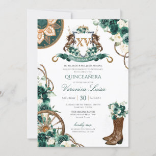 Floral Wappen Charro Emerald Green Quinceanera Einladung