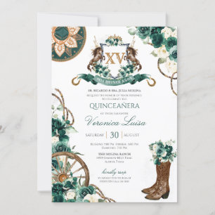 Floral Wappen Charro Emerald Green Quinceanera Einladung