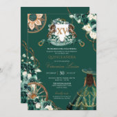 Floral Wappen Emerald Green Charro Quinceañera Einladung (Vorne/Hinten)