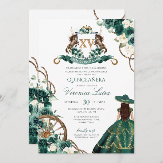 Floral Wappen Emerald Green Charro Quinceanera Einladung (Vorne/Hinten)