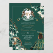 Floral Wappen Emerald Green Charro Quinceanera Inv Einladung (Vorne/Hinten)