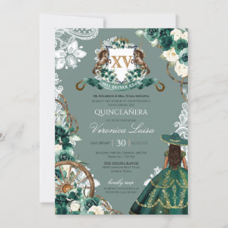 Floral Wappen Emerald Green Charro Quinceanera Inv Einladung