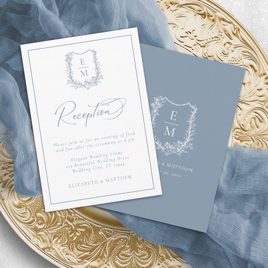Floral Wappen Monogram Blue Wedding Reception Begleitkarte