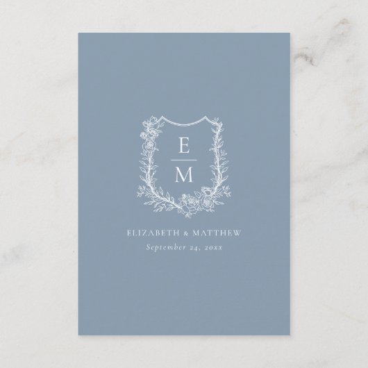 Floral Wappen Monogram Blue Wedding Reception Begleitkarte (Rückseite)