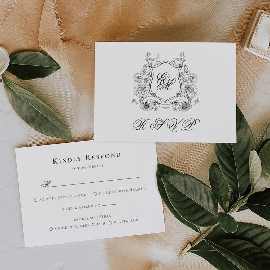 Floral Wappen Monogram Elegant Wedding RSVP Karte