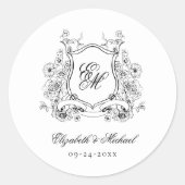 Floral Wappen Monogram Elegant Wedding Runder Aufkleber (Vorderseite)