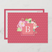 Floral Wasserfarbe Custom Initial Pink Dots Coral Postkarte (Vorne/Hinten)