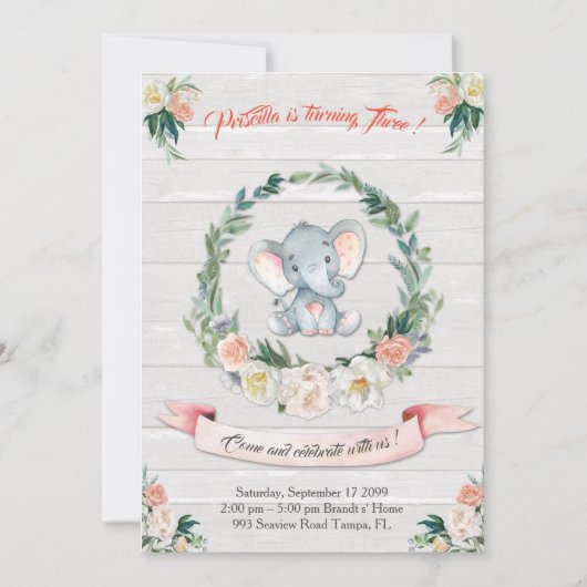 Floral wasserfarbe Elefant Invitation, Baby 3. Einladung (Vorderseite)