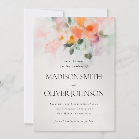 Floral Wasserfarbe Elegantes romantisches Foto Save The Date (Vorderseite)