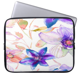 Floral Wasserfarbe Lila Blaue Blumen Frühling Laptopschutzhülle